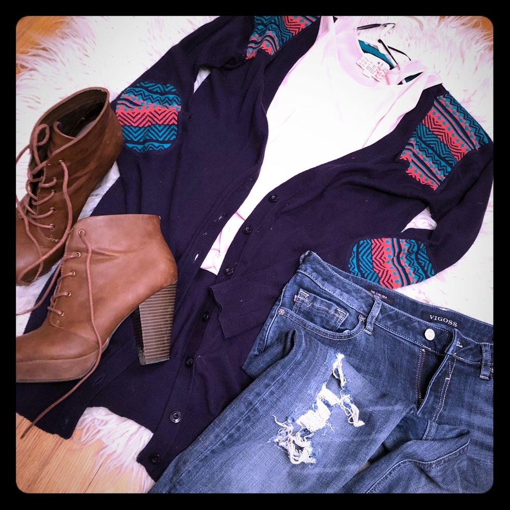 Cardigan with patterned shoulders and elbow pads